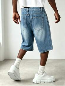 Manfinity EMRG Quần short denim rách gấu thêu hình ngôi sao phong cách đường phố châu Âu và Mỹ, unisex. - Màu xanh lam - Xem 2