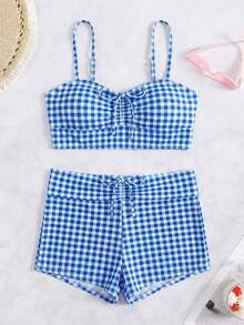 Swim Vcay Bộ bikini kẻ caro đi biển, họa tiết ngẫu nhiên. - Màu xanh lam - Xem 3