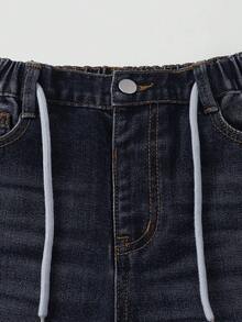 SHEIN Tween Girls Summer Washed Versatile Comfortable Retro Elastic Waist Drawstring Decor Loose Straight Leg Mid-Blue Denim Jeans - Medium Wash - View 5