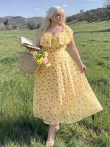 Lyrianda Plus Size Women Ditsy Floral Ruffle Hem Elegant Sweet Cute Dress - Yellow - View 5