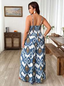 Weeklong Plus Size Women Geometric Print Camisole Crop Top Wide Leg Pants 2 Pieces Set, Casual Vacation Outfits Gym Brown Summer - Blue and White - View 2