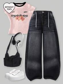 SHEIN Tween Girls Summer Washed Versatile Comfortable Retro Elastic Waist Drawstring Decor Loose Straight Leg Mid-Blue Denim Jeans - Medium Wash - View 8