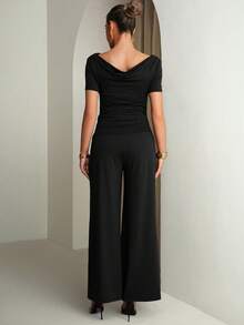 MaterniChic Maternity Solid Color Asymmetric Neck Fitted Asymmetrical Hem 2 Pieces Set - Black - View 2