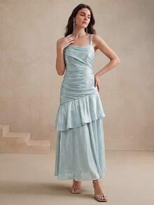 Anewsta Đầm nữ thanh lịch với dây đeo mảnh, chất liệu vải bóng, hai lớp viền. - Màu xanh lam - Xem 2