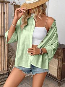 Breezaya Áo sơ mi tay cánh dơi màu trơn, kiểu dáng thường ngày, thích hợp cho kỳ nghỉ. - màu xanh lá - Xem 3