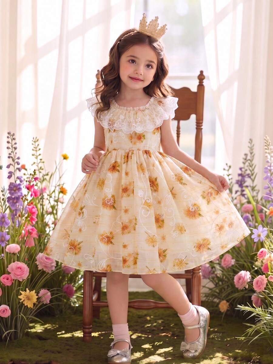 Vestito estivo da ragazza con stampa digitale a girasole + ricamo 3D a viticcio, con bordo in pizzo al colletto, decorazione a fiocco, vita stretta, gonna a strati soffice, tessuto leggero e traspirante, adatto per uscite quotidiane, feste di compleanno, festival - Multicolore - Visualizzare 1