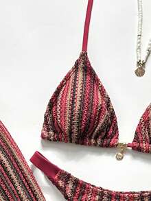 Swim Chiccia Women's Beach Holiday Holiday Casual Boho Brown Striped Bikini Set Summer - Multicolor - View 4