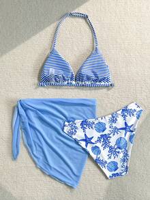 SHEIN Teen Girl Shell Print Halter Bikini And Triangle Panty Swimwear Set With Mini Skirt, Suitable For Summer Beach Vacation - Baby Blue - View 2