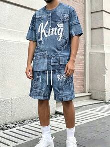 Manfinity Hypemode Conjunto informal de 2 piezas de efecto de mezclilla con letras para hombres - Azul - Ver 3