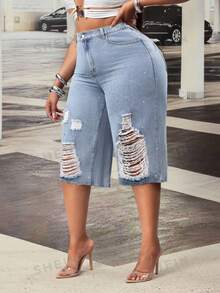 Slaydiva Plus Size Women Cowgirl Outfit, Blue Inelastic Ripped Rhinestone Embellished 3/4 Jeans, Summer - Light Wash - View 7
