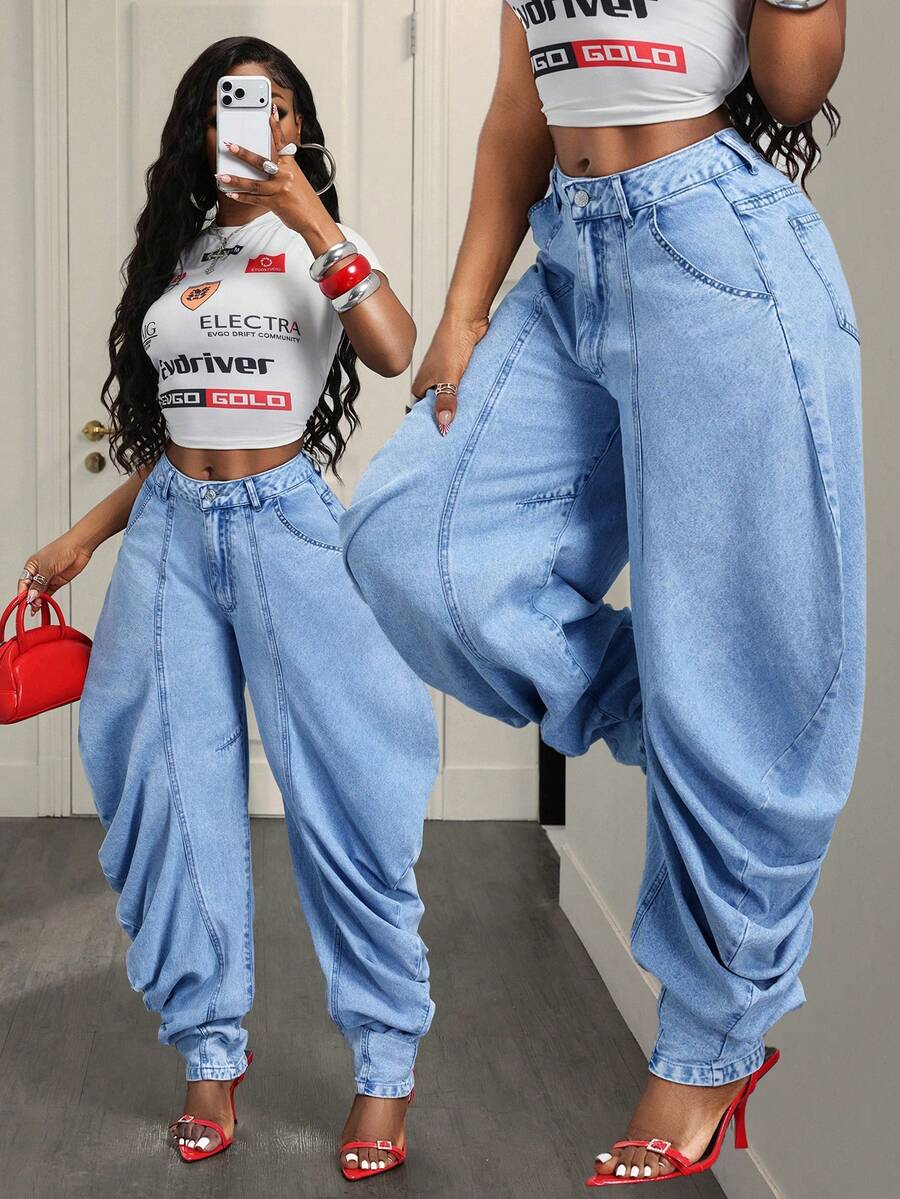 SHEIN BamGlam Quần jean denim nữ kiểu dáng thường ngày - Màu xanh lam - Xem 1
