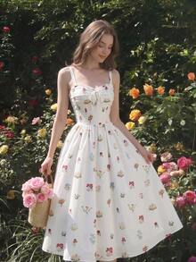 SHEIN MOD 女士印花系带褶皱腰身优雅派对连衣裙 - 彩色 - 查看 3