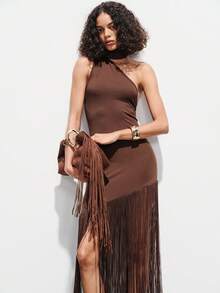 Lumivelle Women's Long Irregular Hem Spaghetti Strap Backless Sexy Elegant Casual Romantic Holiday Dress, Solid Color, Slim Fit, Spring/Summer - Brown - View 4