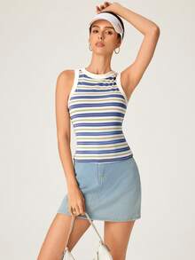 SHEIN BASICS 女款條紋圓領休閒百搭背心，夏季 - 彩色 - 查看 3