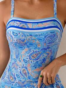 SHEIN Swim 2026新款女士两件式泳衣套装，腰部系带印花，适合海滩、泳池派对、休闲度假、春夏穿着 - 淺藍色 - 查看 5