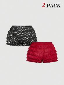 SHEIN MOD 两件套低腰泡泡短裤：红色低腰泡泡短裤和黑白波点蝴蝶结泡泡短裤 - 彩色 - 查看 3