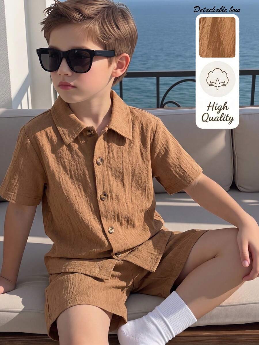 Conjunto de camisa de botones y pantalones cortos de niño, de tela de algodón, sin camiseta, para vacaciones de verano - Café integral - Ver 1