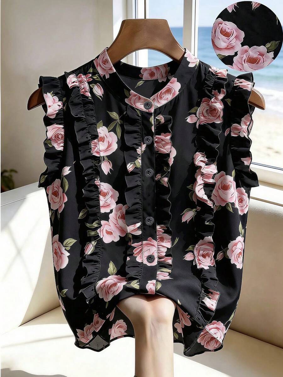 SHEIN Franclia Women's Floral Print Ruffle Trim Vacation Blouse - Pink - View 1