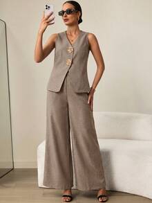 MaterniWear Maternity Solid V-Neck Sleeveless Stylish Summer Minimalist 2 Pieces Set - Camel - View 10