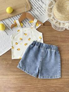 SHEIN Bộ áo yếm và quần short in hình quả anh đào cho bé gái, họa tiết thêu thời trang. - Màu vàng - Xem 2
