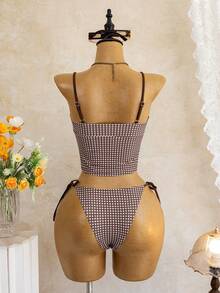 SHEIN Swim Vcay 女士最新时尚沙滩装，优雅性感夏季泳衣，米色格子系带两件式吊带背心，荷叶边装饰，适合海滩、度假和休闲场合 - 彩色 - 查看 2