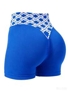 SHEIN Sports Pantalones cortos de mujer con patrón geométrico de punto sin costuras - azul real - Ver 2