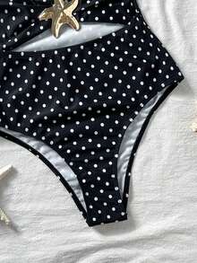 SHEIN Kids Teen Girl Polka Dot Metal Starfish Decor One-Piece Swimsuit,Suitable For Beach Vacation Holiday,Pool Party Black Summer Rave Cute - Black - View 6