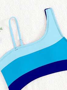 SHEIN Bộ đồ bơi một mảnh cổ bất đối xứng màu khối màu cho bé gái tuổi mới lớn, thiết kế eo khoét, kỳ nghỉ ở bãi biển - Nhiều màu - Xem 6
