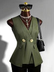 Fine & Folde Women's Elegant Office Wear, V-Neck Sleeveless Double-Layer Placket Exaggerated Metal Button Decor Sleeveless Blouse, Spring/Summer - Army Green - View 5