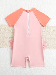 SHEIN 1件装女童天鹅图案弹力速干舒适针织连体泳衣，适合海滩、泳池、冲浪、度假、夏季旅行 - 粉色 - 查看 2