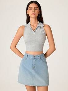SHEIN BASICS Top corto sin espalda de unicolor casual para mujer, verano - Gris - Ver 7
