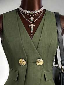 Fine & Folde Women's Elegant Office Wear, V-Neck Sleeveless Double-Layer Placket Exaggerated Metal Button Decor Sleeveless Blouse, Spring/Summer - Army Green - View 3