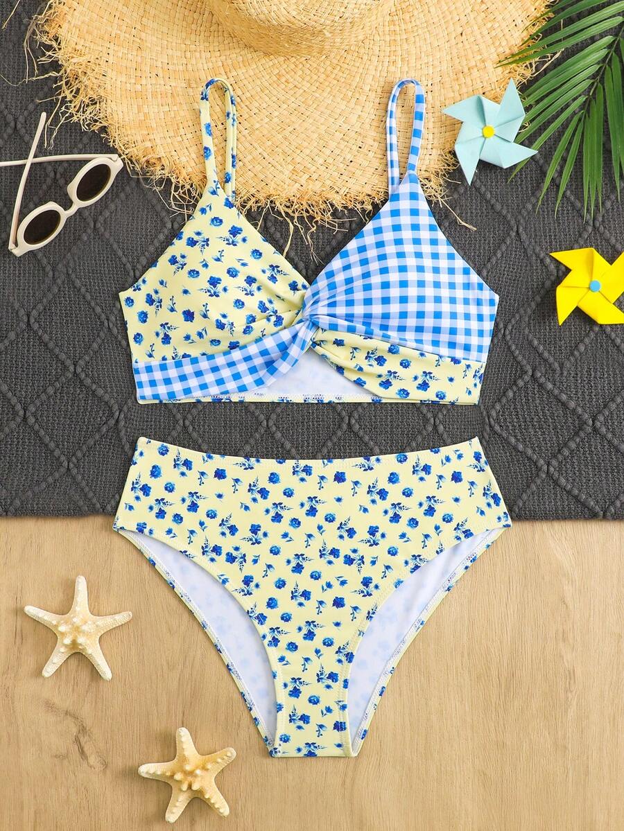 SHEIN 2件套少女格子碎花弹力速干舒适针织面料连体泳衣，适合海滩、泳池、冲浪、度假、夏季旅行