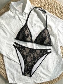 SHEIN 青少年女孩黑色蕾絲比基尼套裝，夏季海灘度假露背細肩帶三角泳衣，紋理針織貝殼裝飾可愛風泳衣 - 黑色 - 查看 3