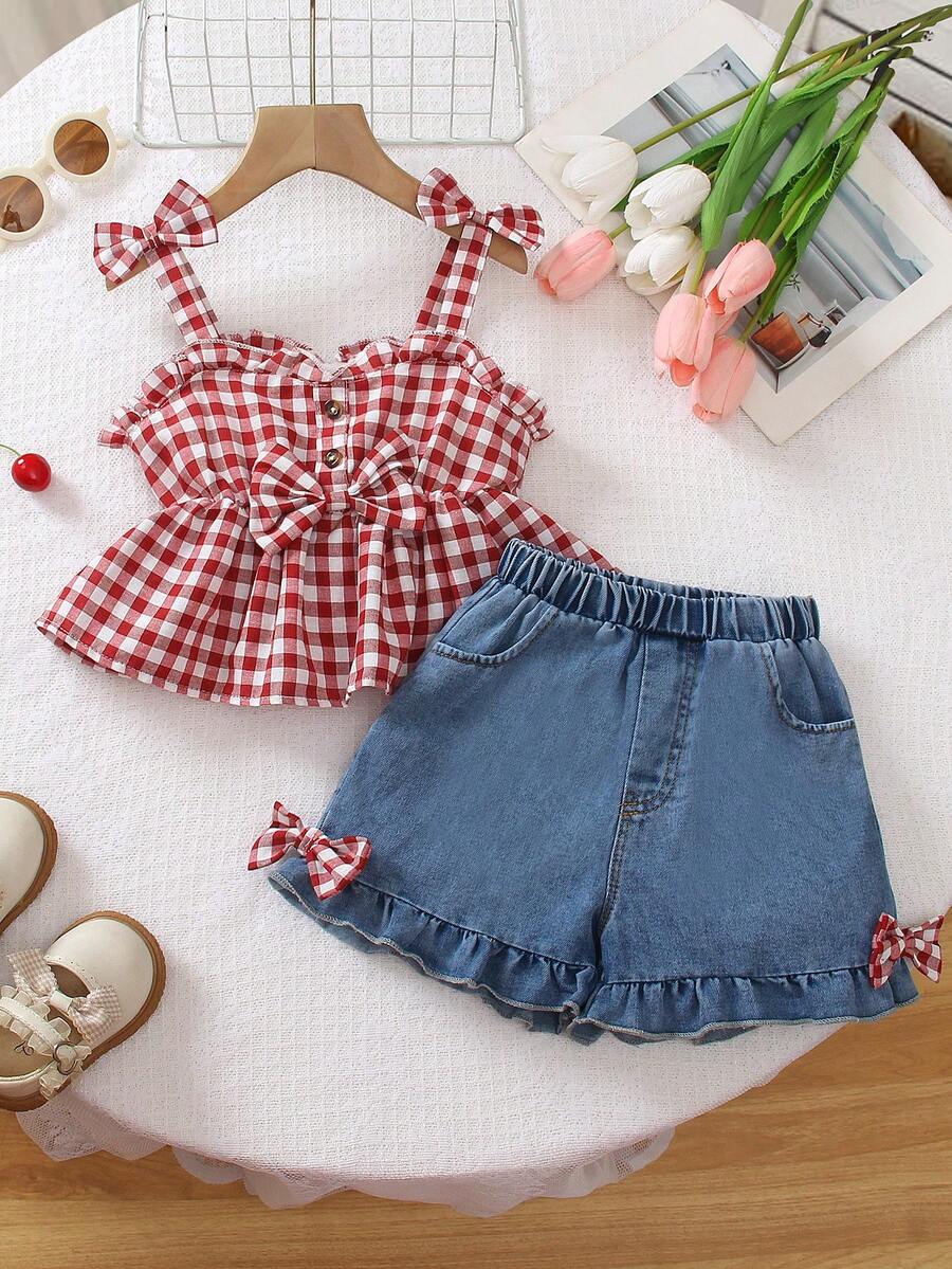 SHEIN Girlhood Core 少女休闲学院风红色吊带背心和蓝色水洗牛仔短裤樱桃印花两件套 - 紅色 - 查看 1