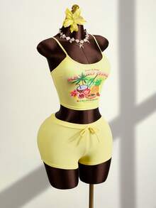 Zestiva Bộ bikini nữ mùa hè in họa tiết trái cây nhiệt đới màu vàng gồm áo hai dây và quần short. - Màu vàng - Xem 6