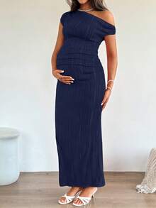 SHEIN Maternity Solid Color Asymmetrical Shoulder Fitted Summer Dress - Navy Blue - View 3