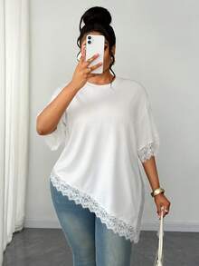 Maweii Camiseta de talla grande de verano, de unicolor, con parches de encaje y bajo asimétrico - Blanco - Ver 4