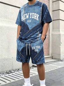 Manfinity Hypemode Bộ đồ nam 2 món chất liệu denim giả chữ, thích hợp mặc nhà, thể thao và du lịch. - Màu xanh hải quân - Xem 1