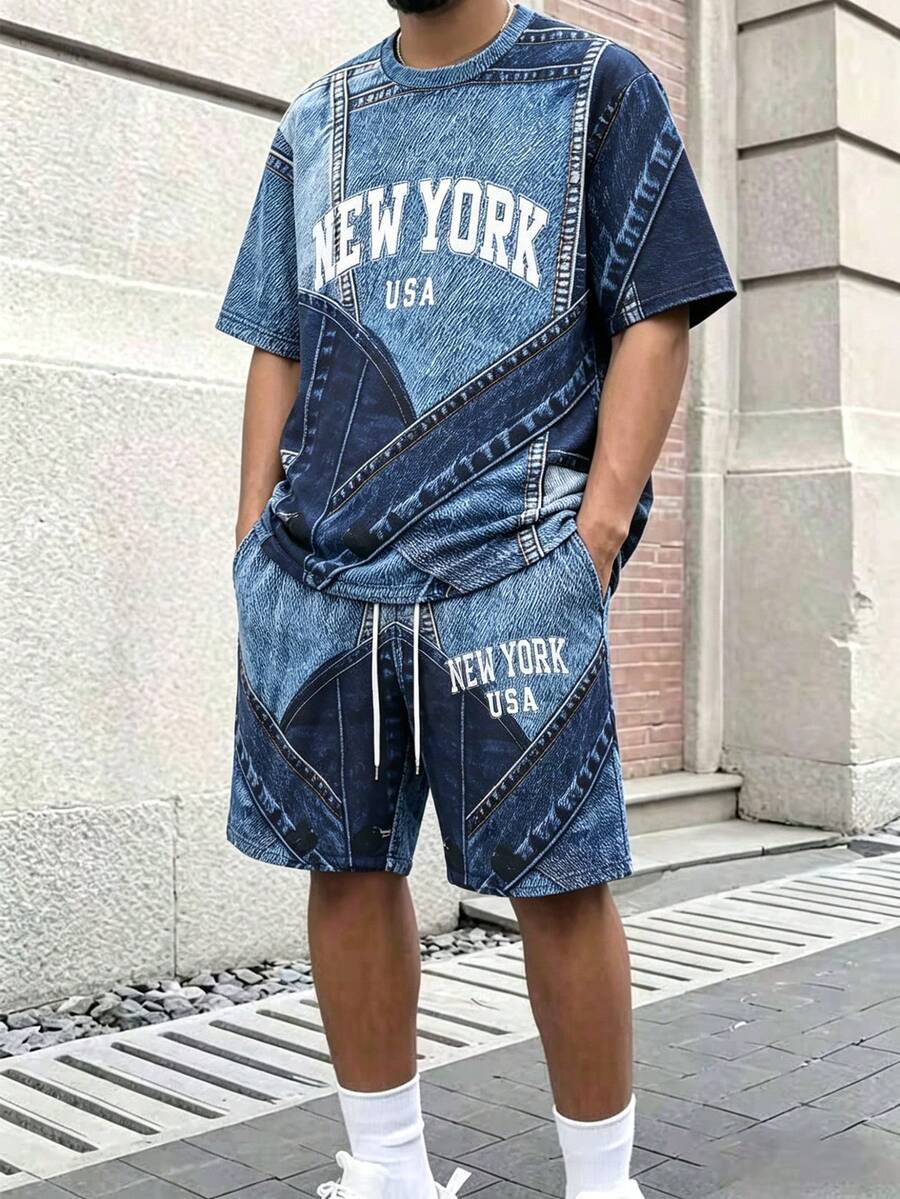 Manfinity Hypemode Bộ đồ nam 2 món chất liệu denim giả chữ, thích hợp mặc nhà, thể thao và du lịch. - Màu xanh hải quân - Xem 1