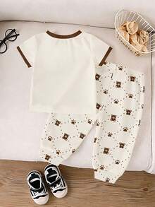 Playful Pals Bộ đồ cho bé trai gồm áo thun cổ tròn tay ngắn phối họa tiết kẻ caro và quần ống rộng phối màu tương phản, thích hợp mặc ở nhà, dã ngoại, thể thao và đi học. - Nhiều màu - Xem 2