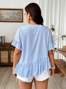 Weeklong Plus Size Women Casual Ruffle Sleeve Asymmetrical Hem Loose Blouse, Summer - Blue and White - View 2