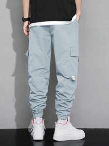 Manfinity Hypemode Loose Fit Men's Slogan Graphic Flap Pocket Drawstring Waist Cargo Pants - Baby Blue - View 2