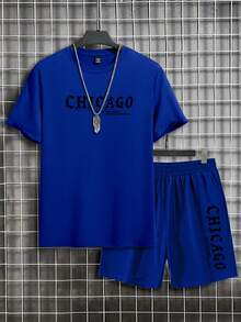 NEOREFINED 男士街头风芝加哥字母印花短袖T恤和短裤套装，休闲百搭短袖短裤两件套 - 藍色 - 查看 3
