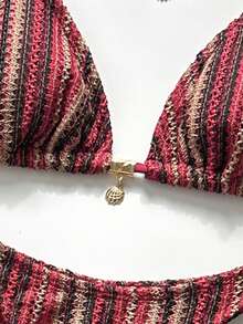 Swim Chiccia Women's Beach Holiday Holiday Casual Boho Brown Striped Bikini Set Summer - Multicolor - View 5