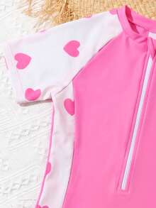 SHEIN DS72 Tween 女童连体拉链泳衣，夏季时尚 - 粉色 - 查看 3
