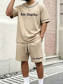 Manfinity Hypemode Men's Letter Print Casual Sports & Loungewear 2 Pieces Set - Khaki - View 5