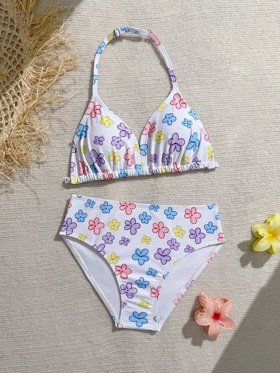 SHEIN 少女可爱印花吊带泳衣比基尼套装 高腰两件套泳衣 女童两件套泳装 少女两件套印花泳衣 多色少女泳装 端庄比基尼套装 花朵比基尼 花朵泳衣 女童碎花比基尼 女童花朵泳衣 - 彩色 - 查看 1