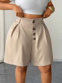 Maweii Pantalones cortos de talla grande versátiles, casuales y de moda con botones - Caqui - Ver 3