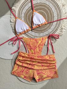 Swim Mod Women's Holiday/Festival Outfit, Random Multi-Color Printed Knit Halter Bikini 3-Piece Swimwear, Beach Wear - Multicolor - View 4